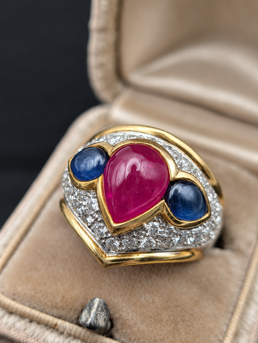 Vintage ruby, sapphire and diamond ring, front view in box