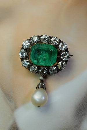 Antique Russian emerald and natural pearl brooch