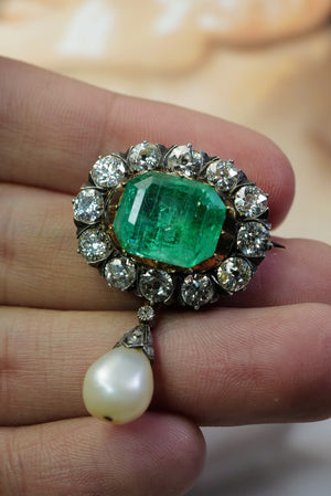 Antique Russian emerald and natural pearl brooch