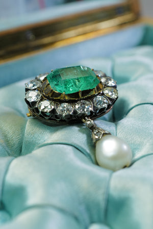 Antique Russian emerald and natural pearl brooch