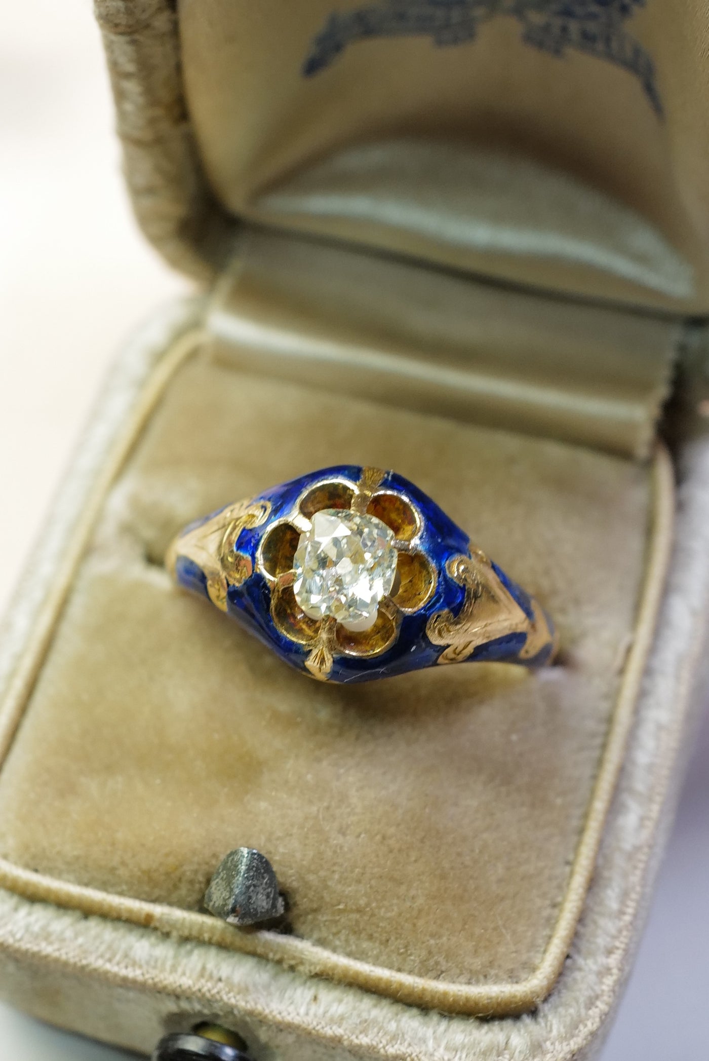 Antique blue enamel and mine cut diamond ring