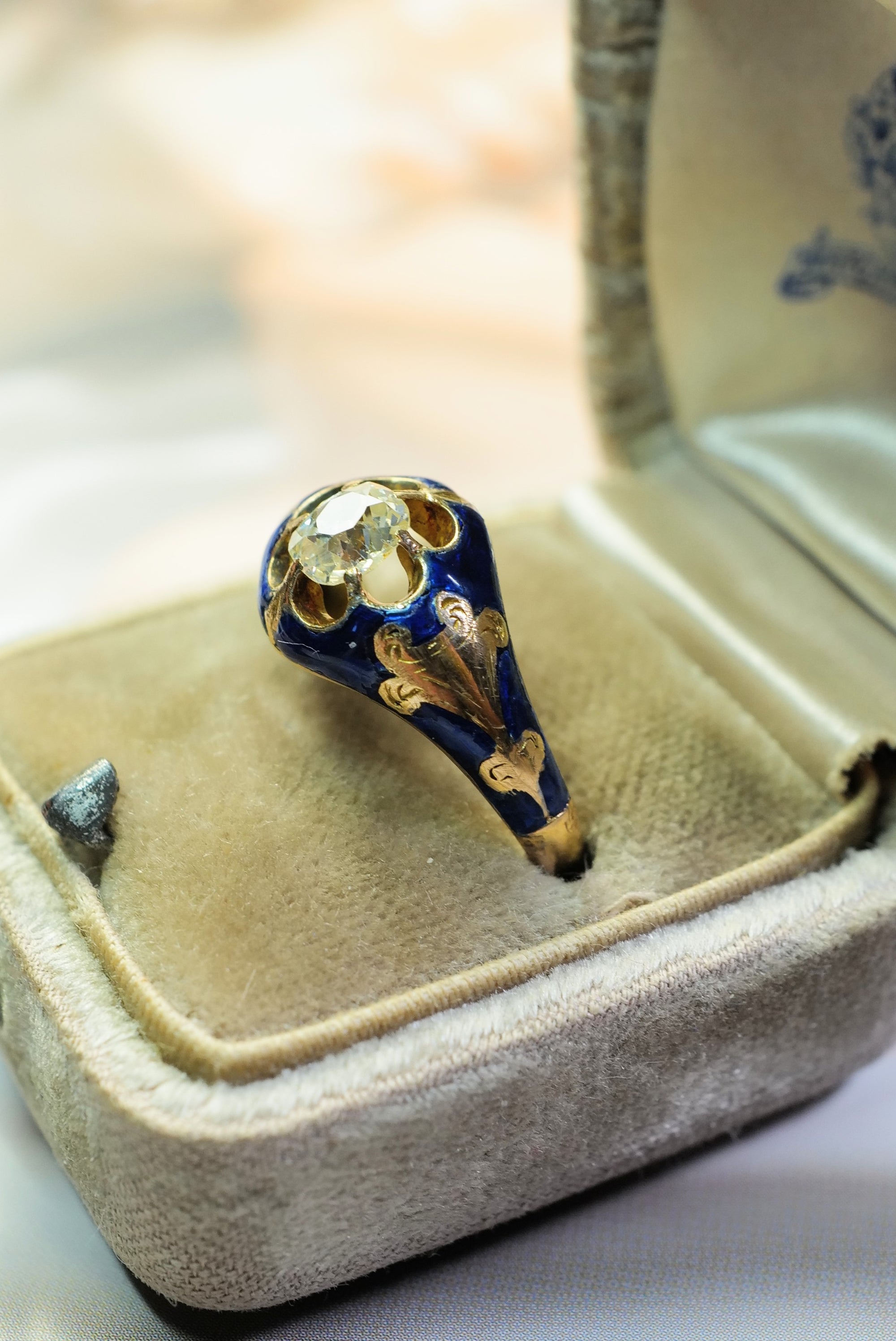 Antique blue enamel and mine cut diamond ring