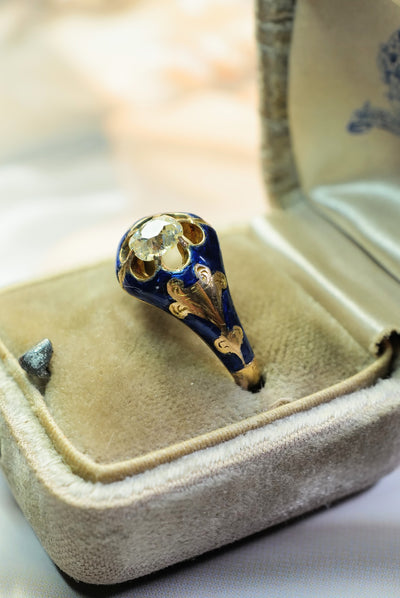Antique blue enamel and mine cut diamond ring