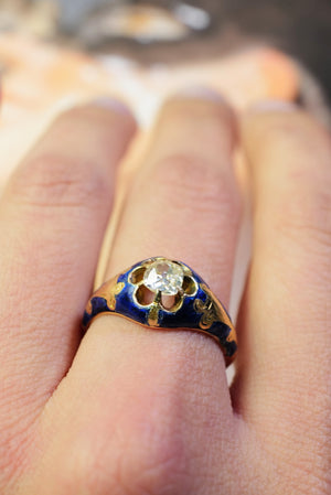 Antique blue enamel and mine cut diamond ring