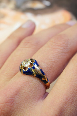 Antique blue enamel and mine cut diamond ring