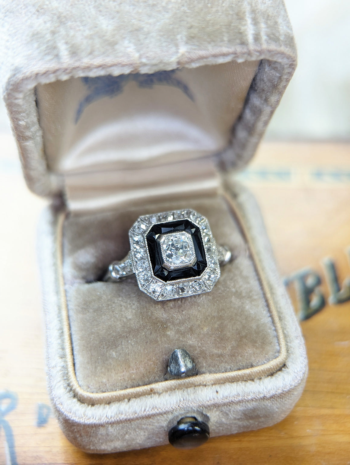 Antique style old cut diamond and onyx ring