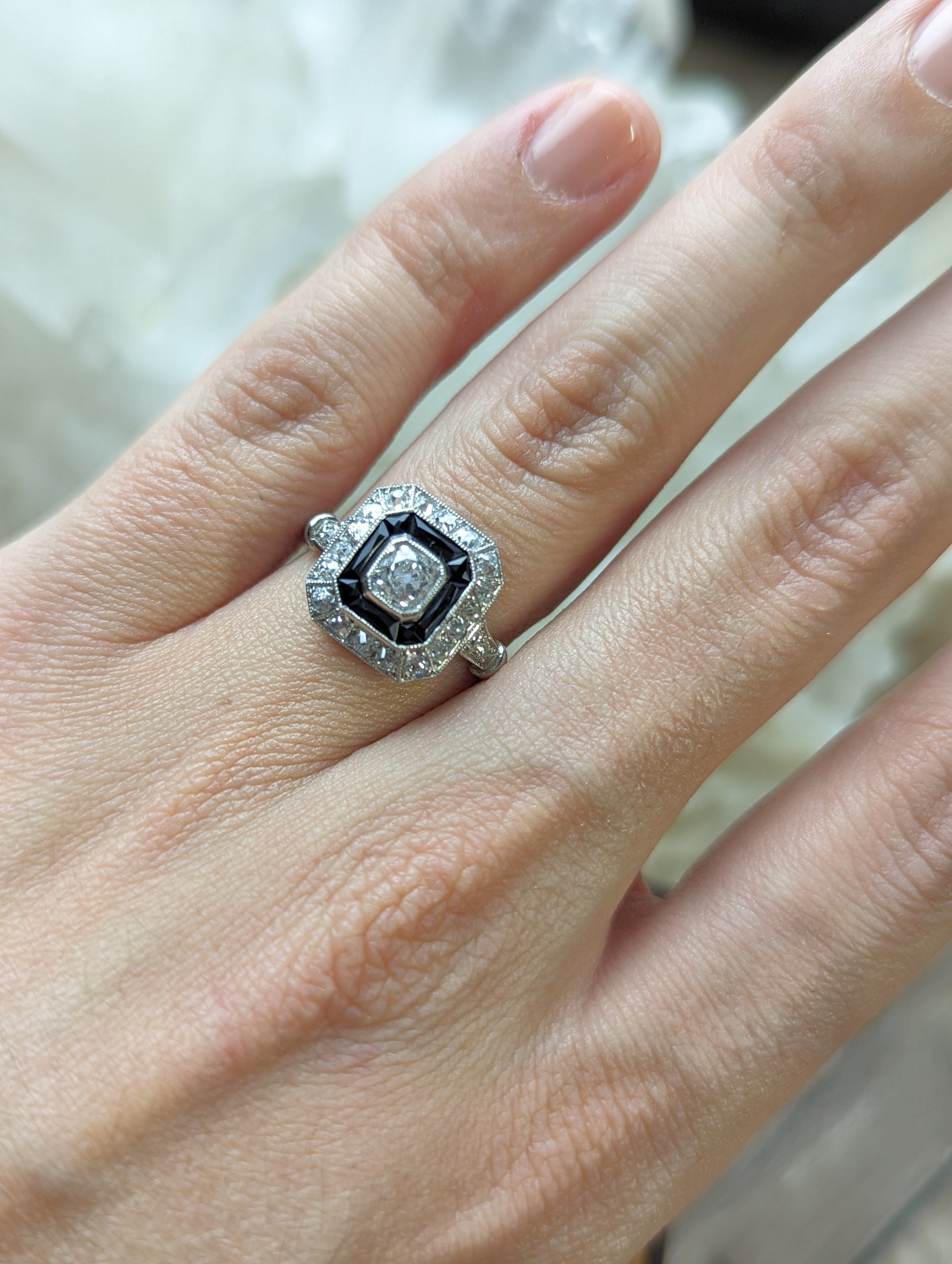 Antique style old cut diamond and onyx ring