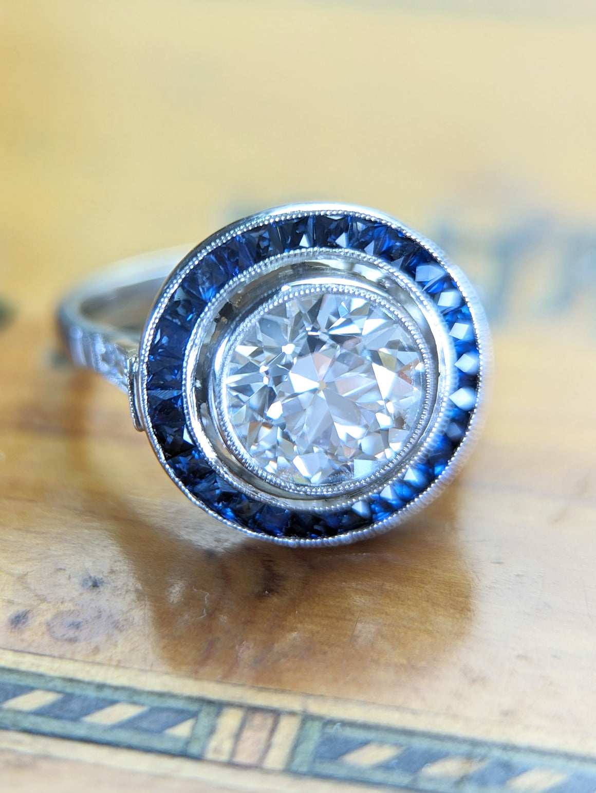 Art Deco style platinum sapphire and LAB diamond ring