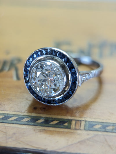 Art Deco style platinum sapphire and LAB diamond ring