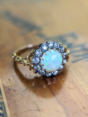 Antique opal and old cut diamond ring