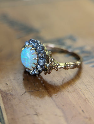 Antique opal and old cut diamond ring