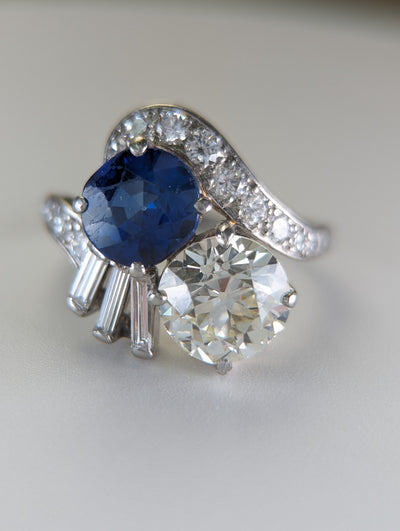 5.5ctw Vintage platinum natural Diamond and Sapphire toi et moi ring