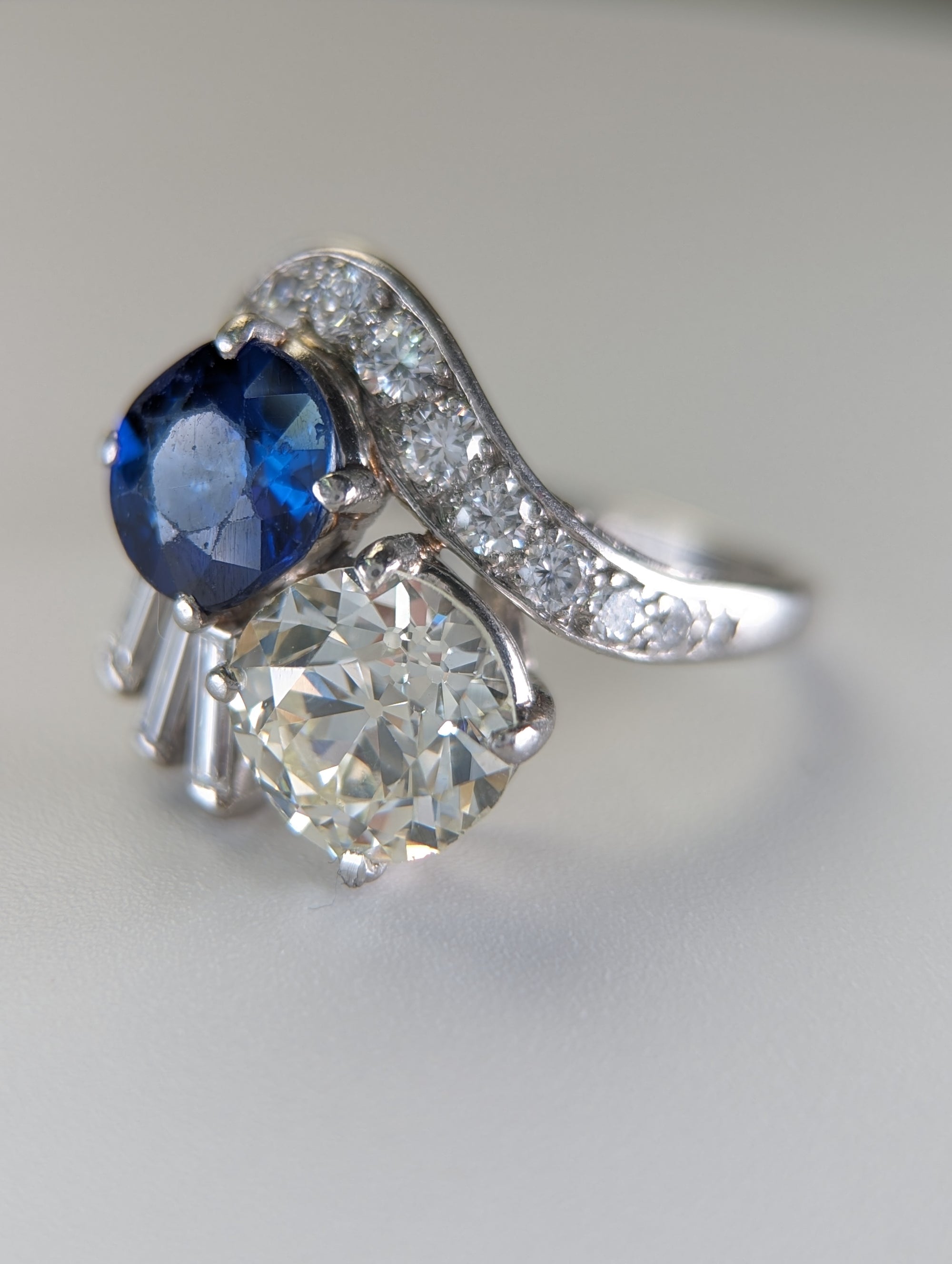 5.5ctw Vintage platinum natural Diamond and Sapphire toi et moi ring