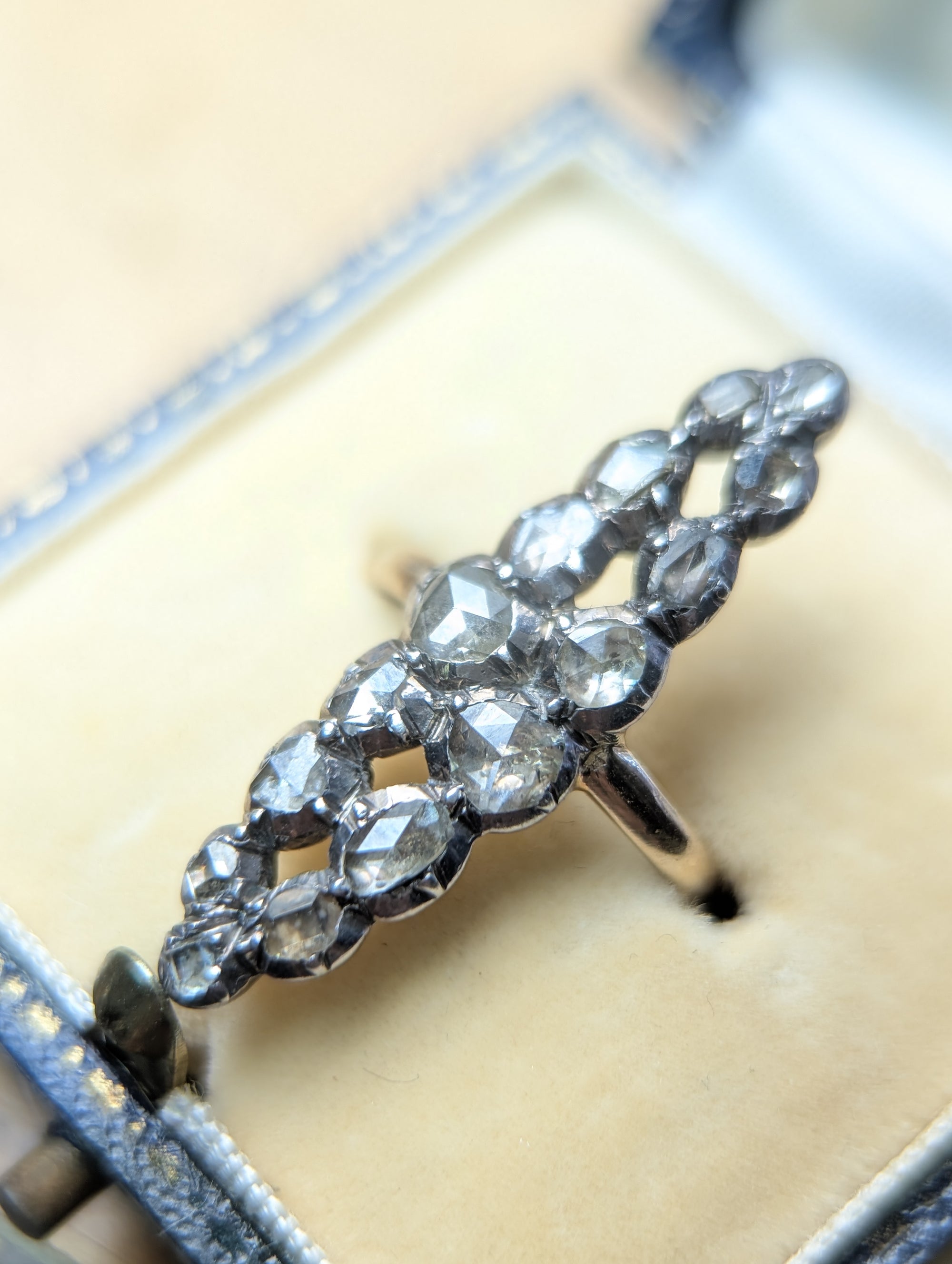 Antique closed back rose cut / table cut Navette diamond ring
