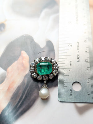 Antique Russian emerald and natural pearl brooch