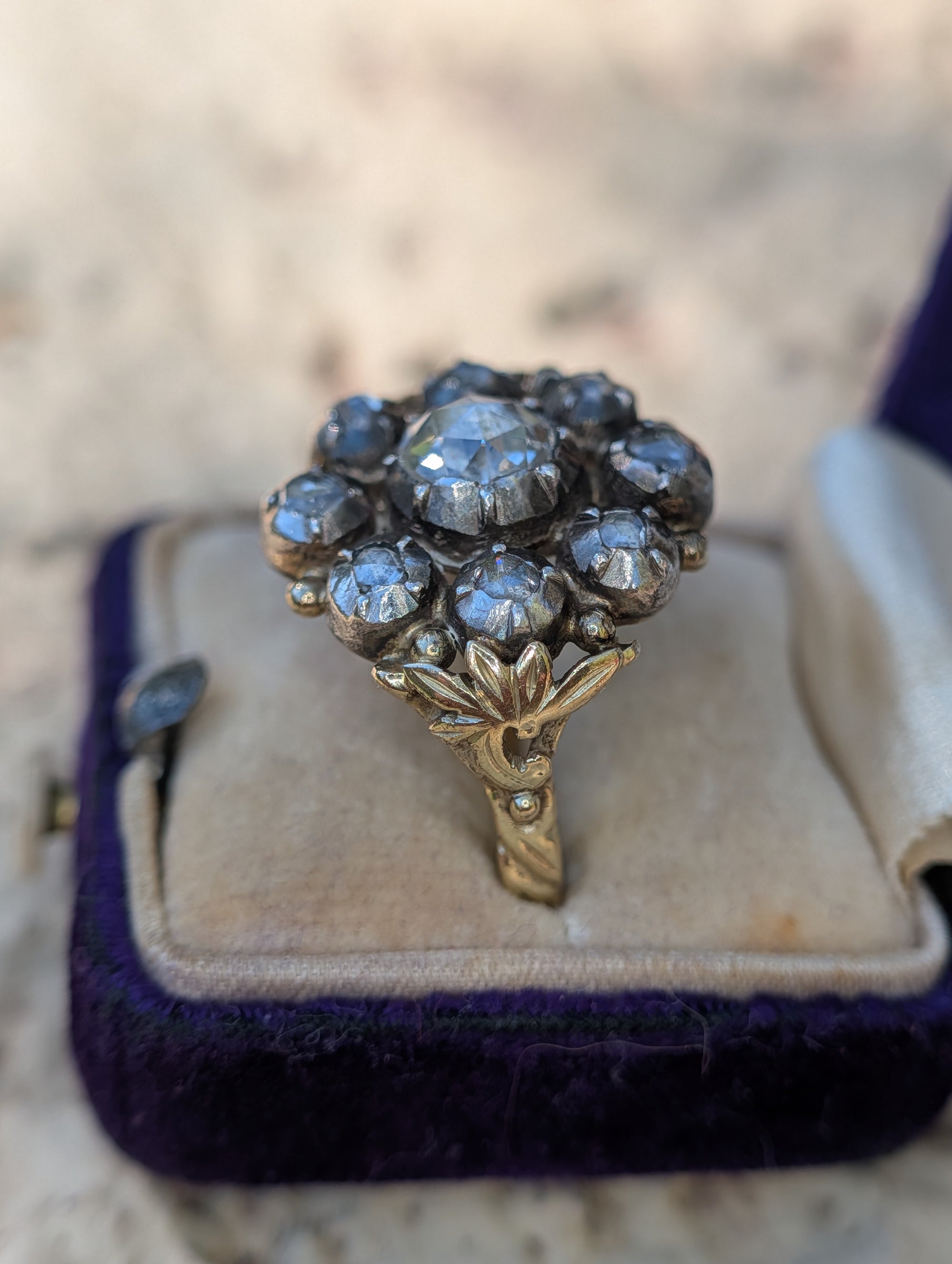 Side view of the Dutch diamond ring in its box