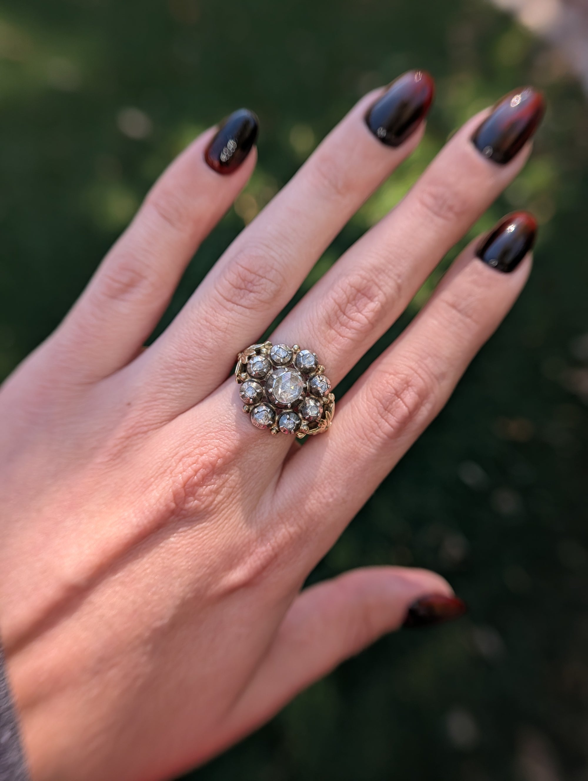 Full hand view showing the scale of the vintage Dutch diamond ring