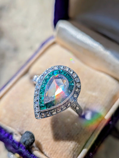 Pear rose-cut diamond and natural emerald ring in platinum