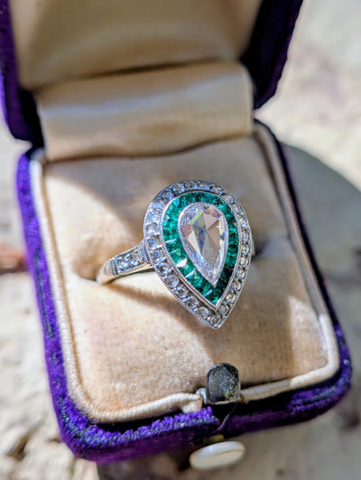 Pear rose-cut diamond and natural emerald ring in platinum