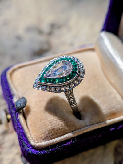 Pear rose-cut diamond and natural emerald ring in platinum
