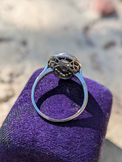 Pear rose-cut diamond and natural emerald ring in platinum