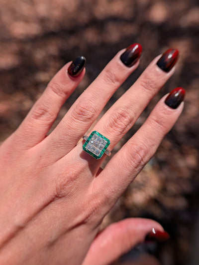 Art Deco Style French-Cut Diamond and Emerald Platinum Ring