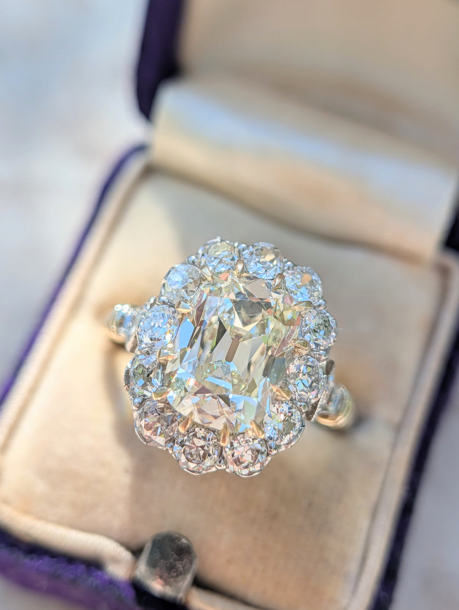4.85ctw ct Old Cut Cushion Diamond Halo Ring in Platinum & 18k Gold