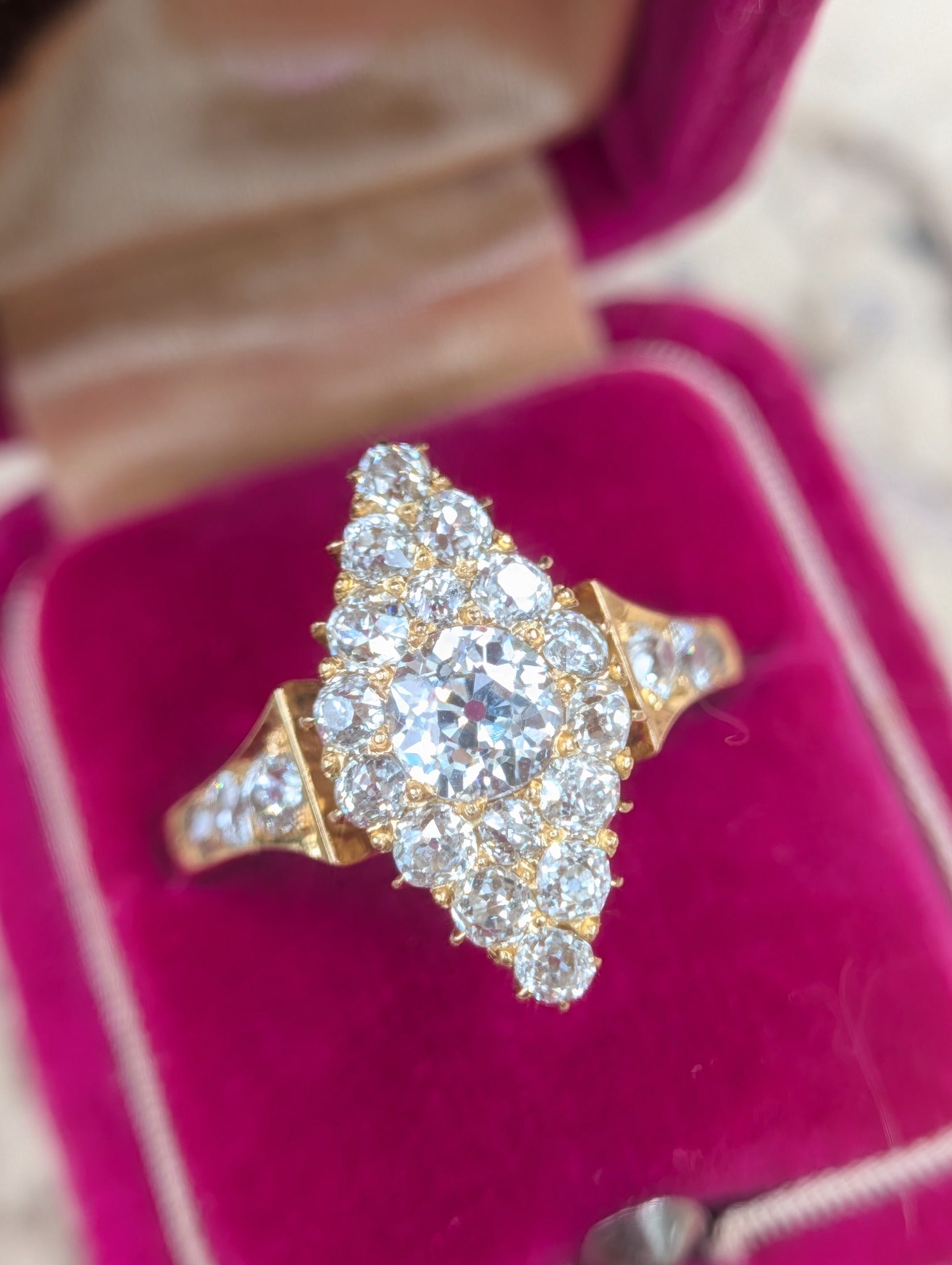 Antique old European cut diamond navette ring, front detail