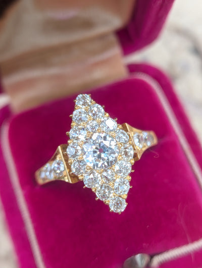 Antique old European cut diamond navette ring, front detail