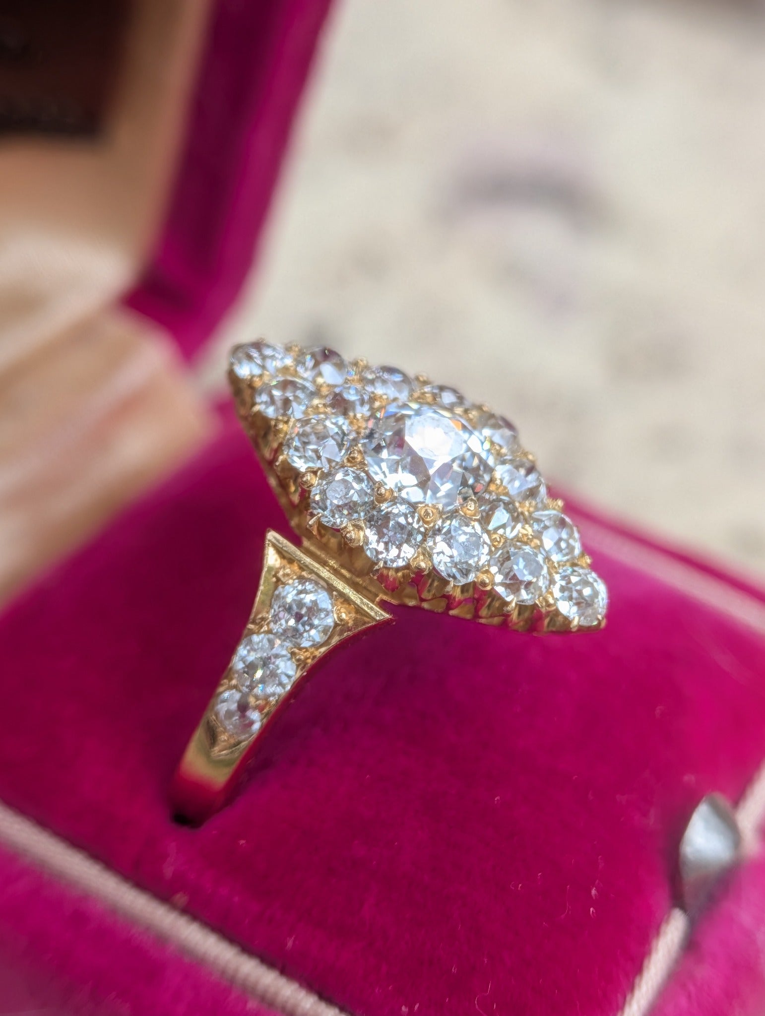 Profile view of the antique diamond navette ring