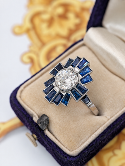 Handmade platinum diamond and natural sapphire ring, view 2