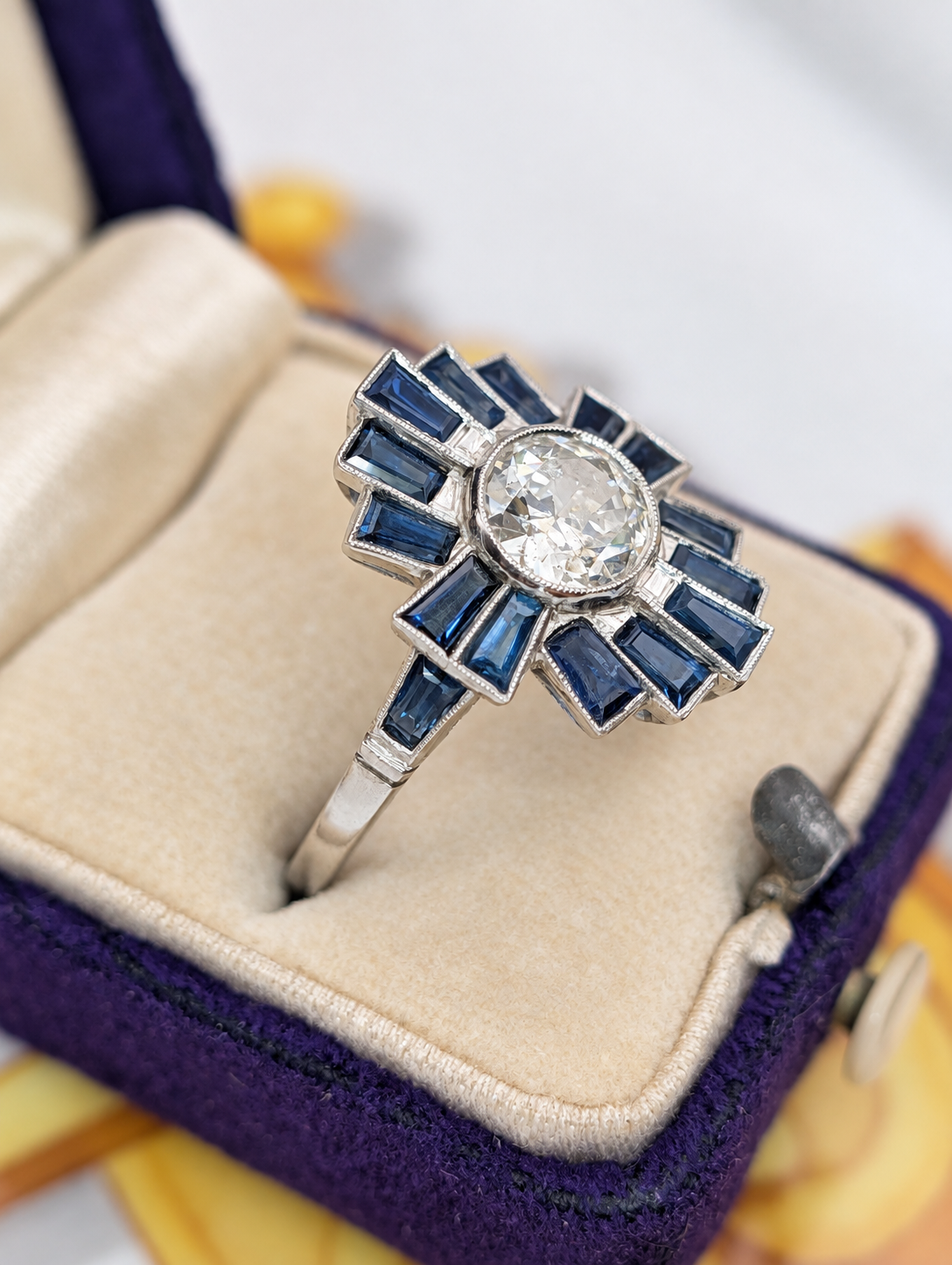Handmade platinum diamond and natural sapphire ring, view 3
