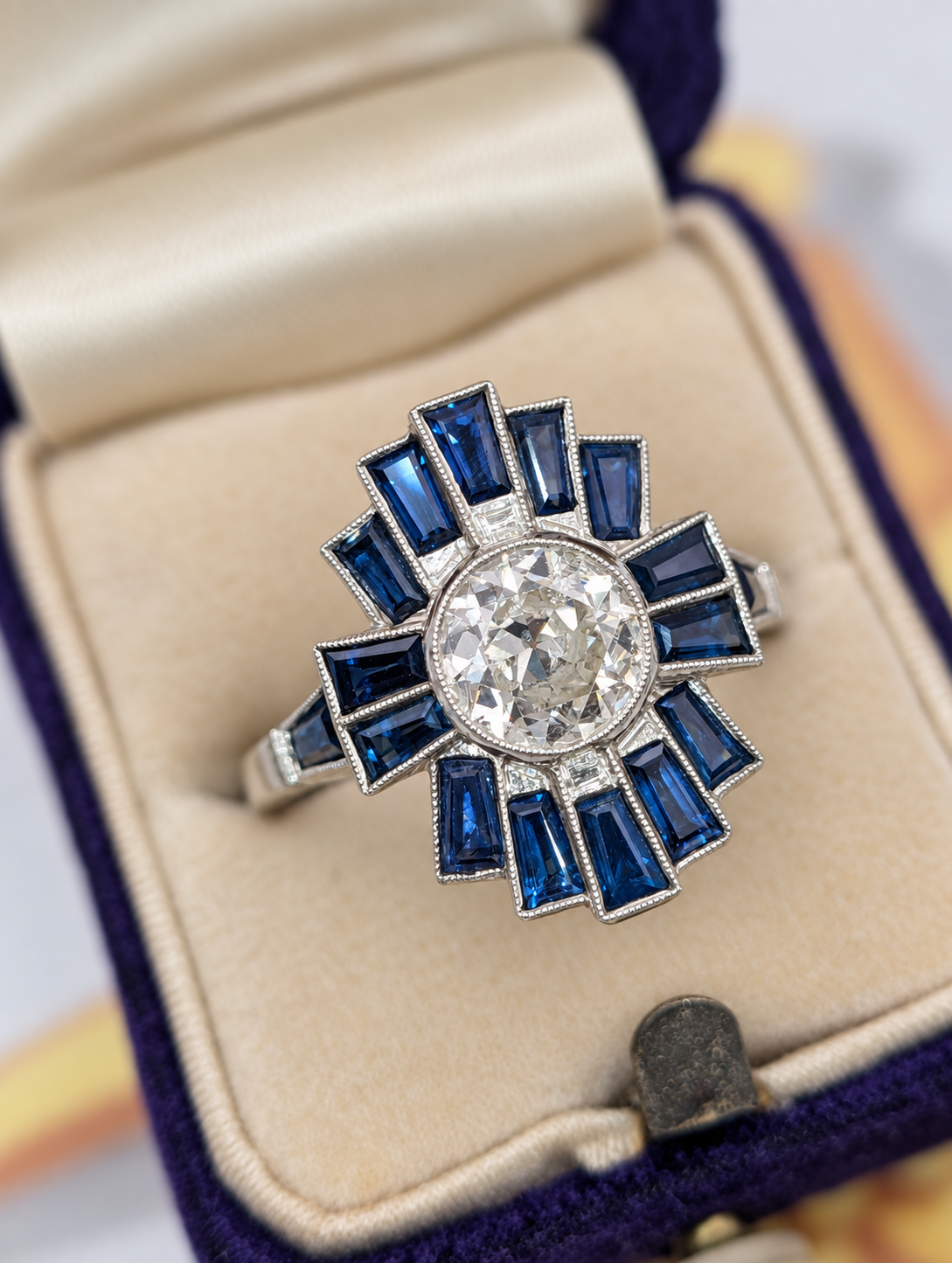 Handmade platinum diamond and natural sapphire ring, view 4