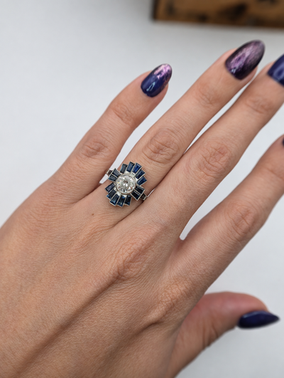 Handmade platinum diamond and natural sapphire ring, view 5
