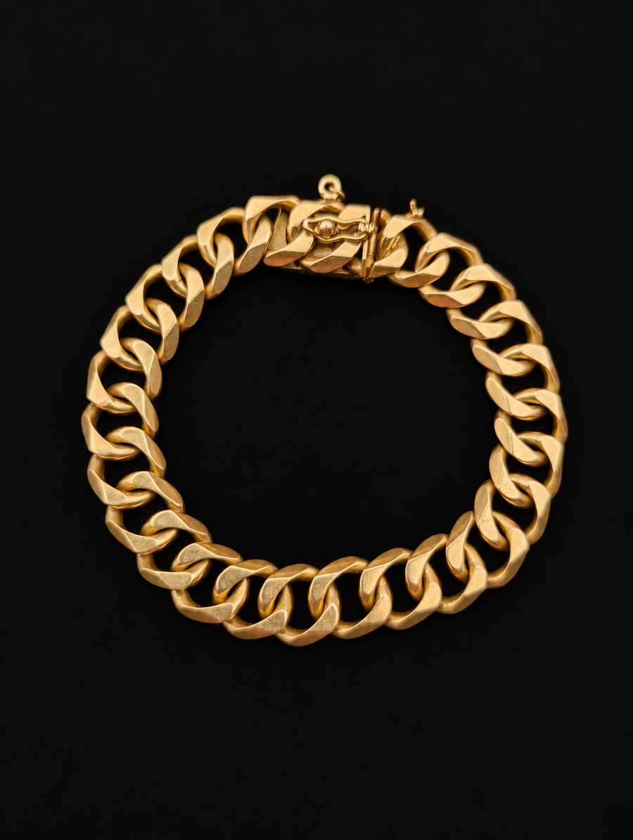 Vintage 18K gold geometric curb link bracelet — full bracelet and safety clip