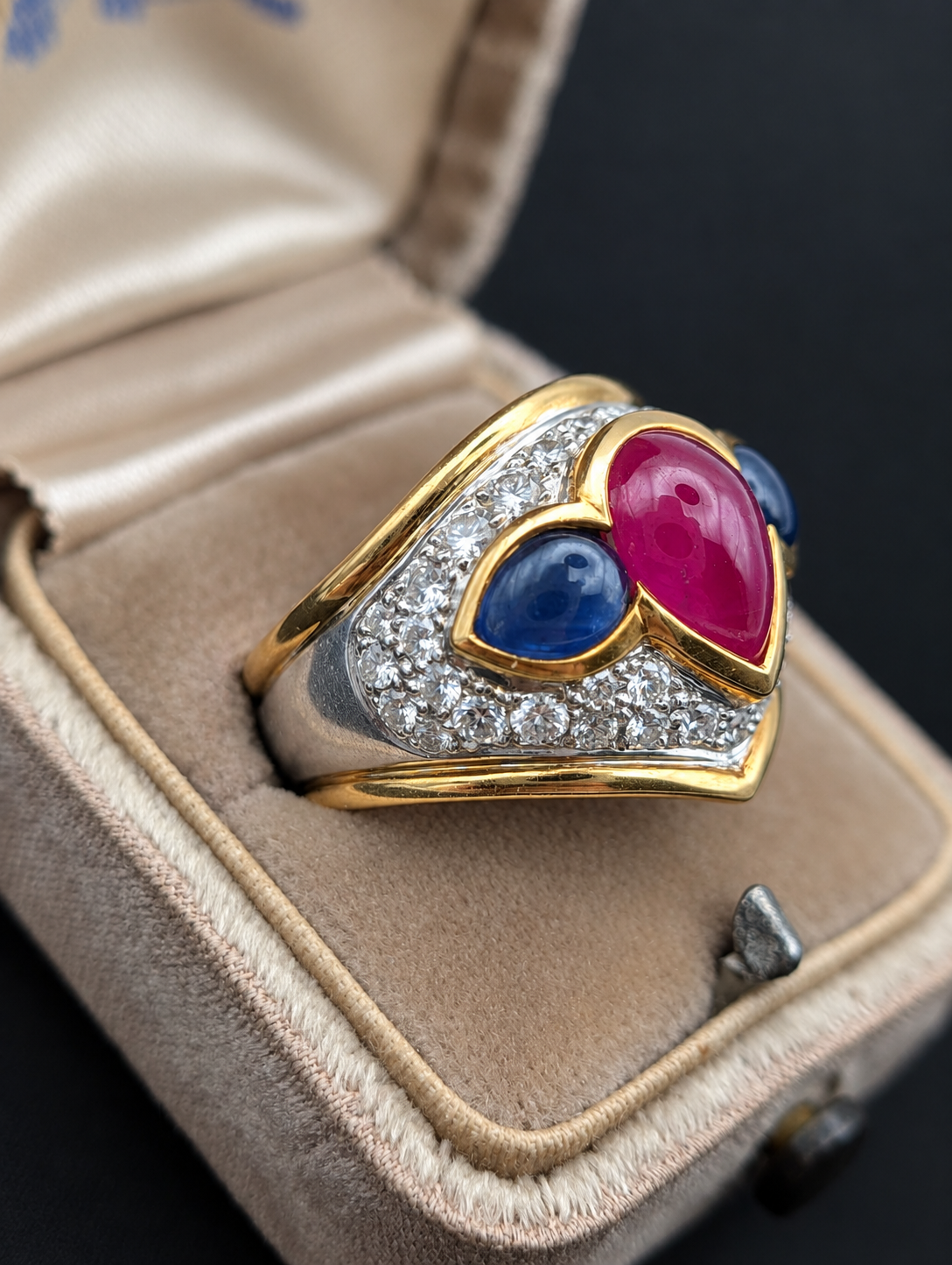 Vintage ruby, sapphire and diamond ring: side angle box