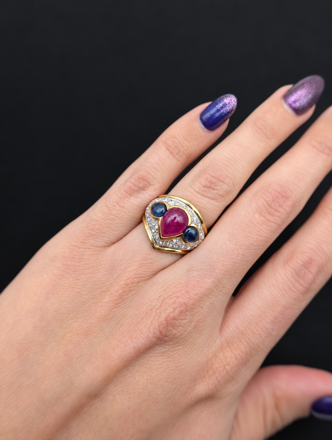 Vintage ruby, sapphire and diamond ring: front on hand