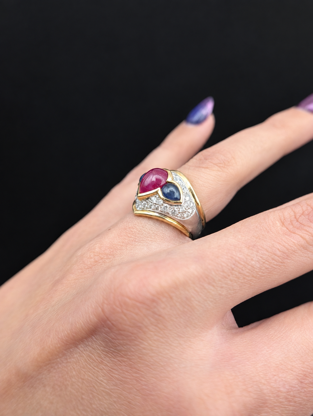 Vintage ruby, sapphire and diamond ring: side profile on hand