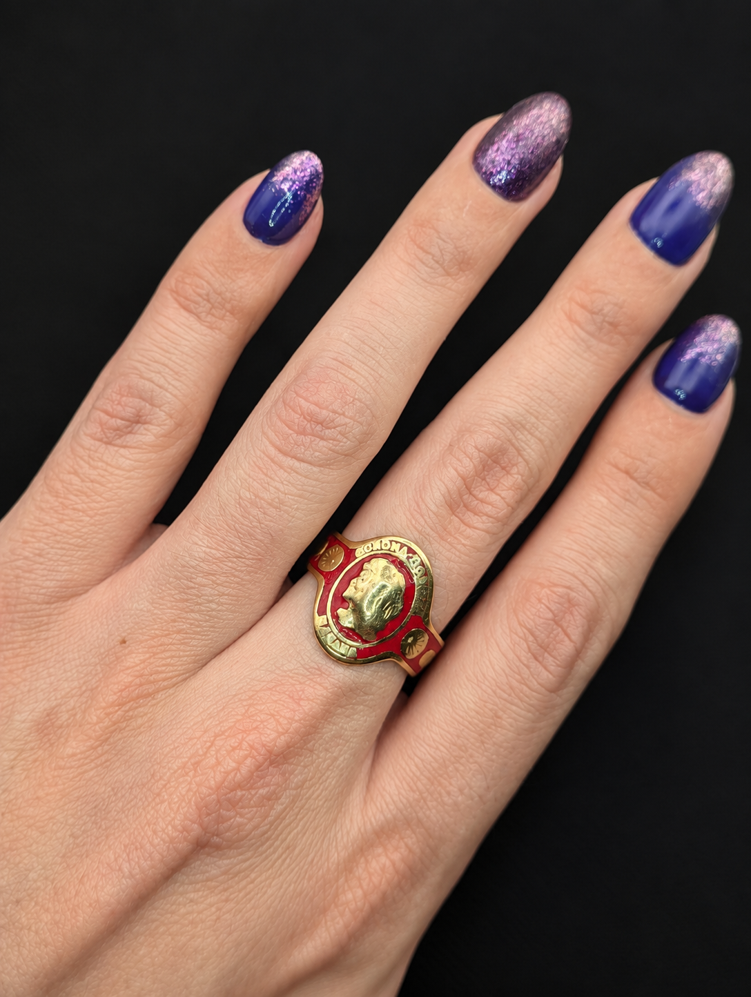Vintage Cartier 18k gold red enamel cigar band ring, worn on hand, view 5