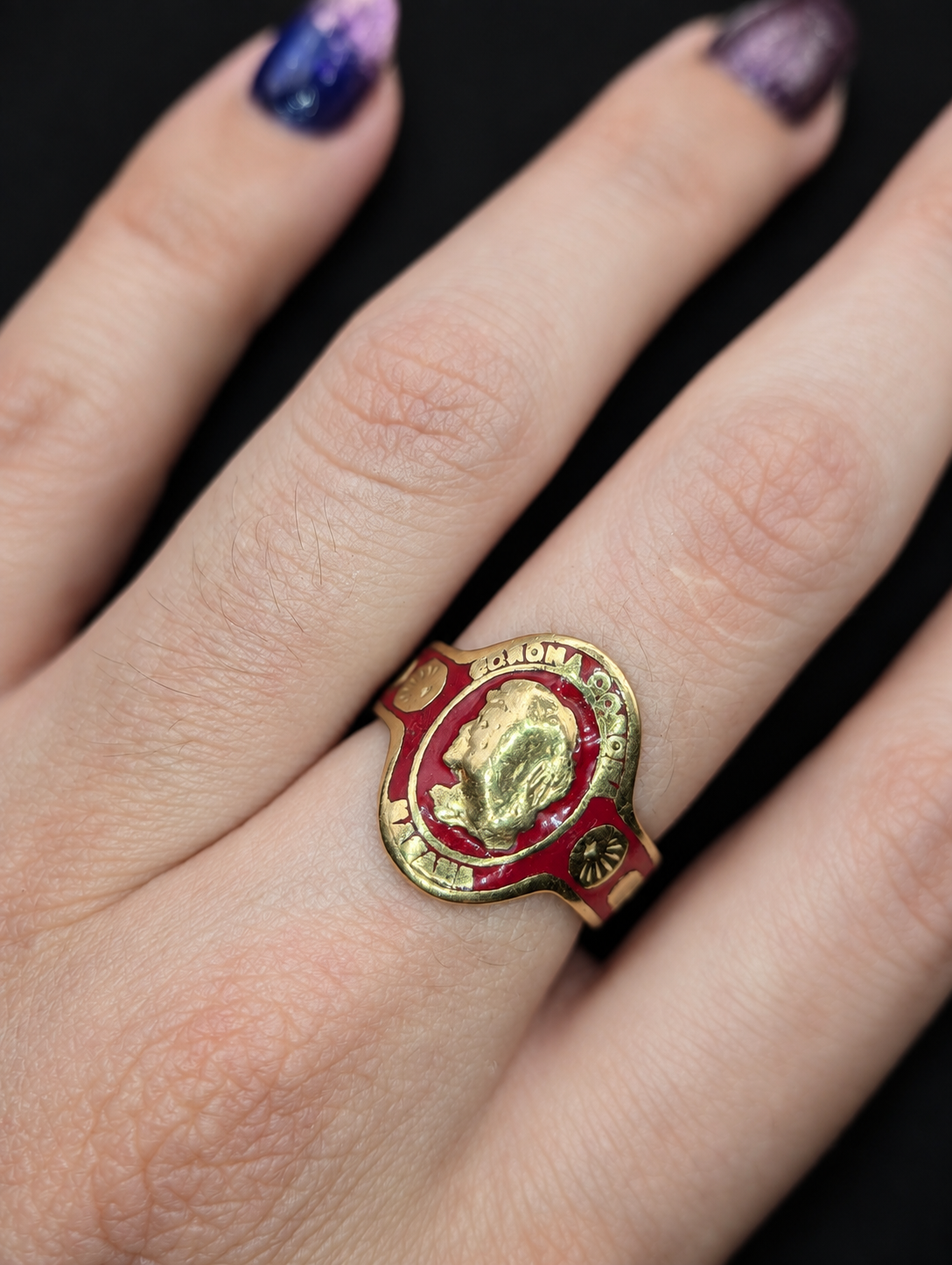 Vintage Cartier 18k gold red enamel cigar band ring, worn on hand, view 6