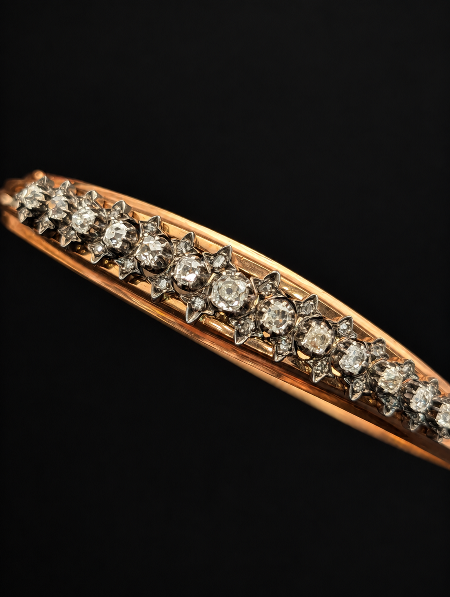 Antique 18K gold old mine-cut and rose-cut diamond bangle — diamond detail on black background