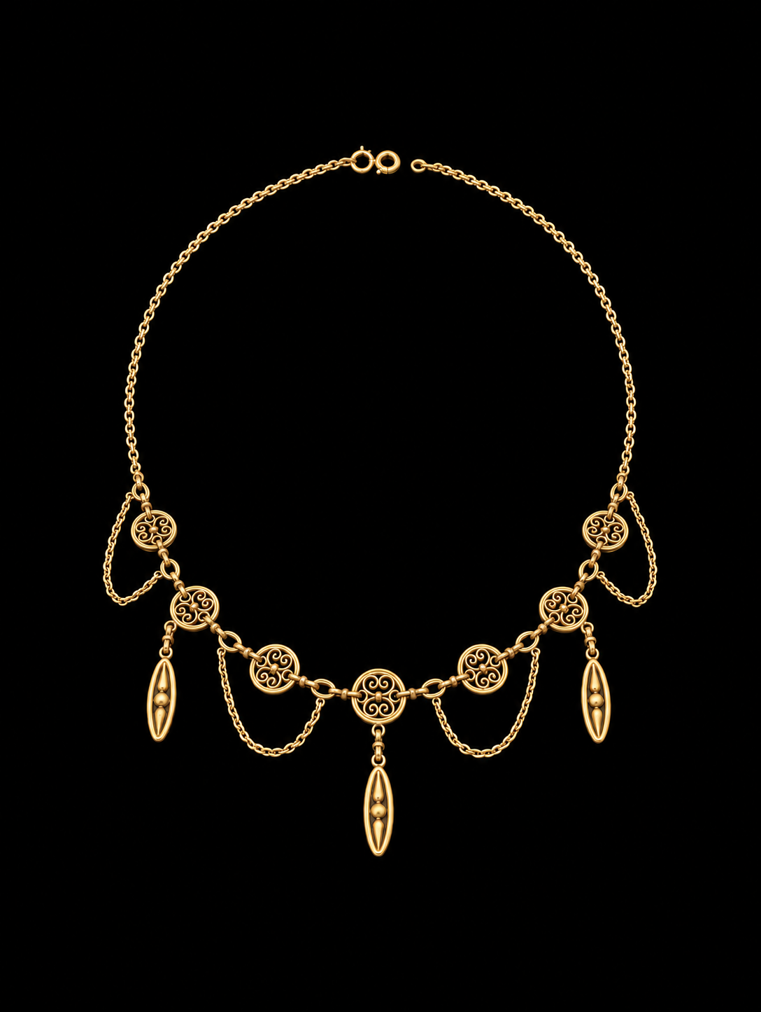 French 18K gold festoon necklace on black background