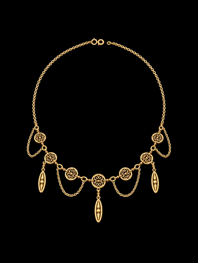 French 18K gold festoon necklace on black background
