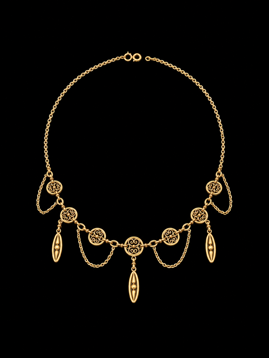 French 18K gold festoon necklace on black background