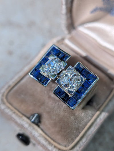 Angled view of the two diamonds and synthetic sapphire frame