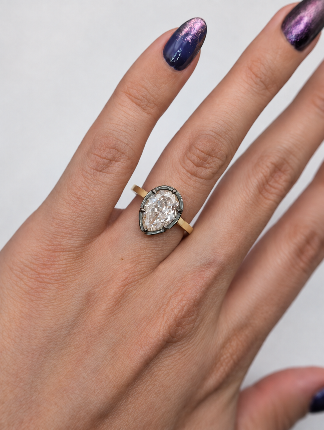 3.07 carat antique diamond in 18k gold Georgian-style solitaire, worn on hand