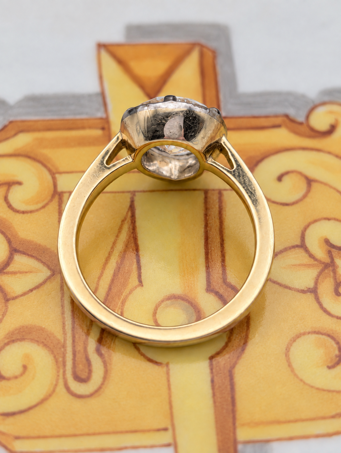 3.07 carat antique diamond in 18k gold Georgian-style solitaire, back and gallery view