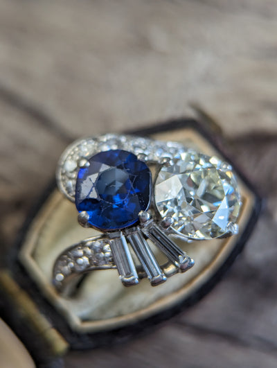 5.5ctw Vintage platinum natural Diamond and Sapphire toi et moi ring