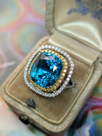 Blue zircon and diamond ring