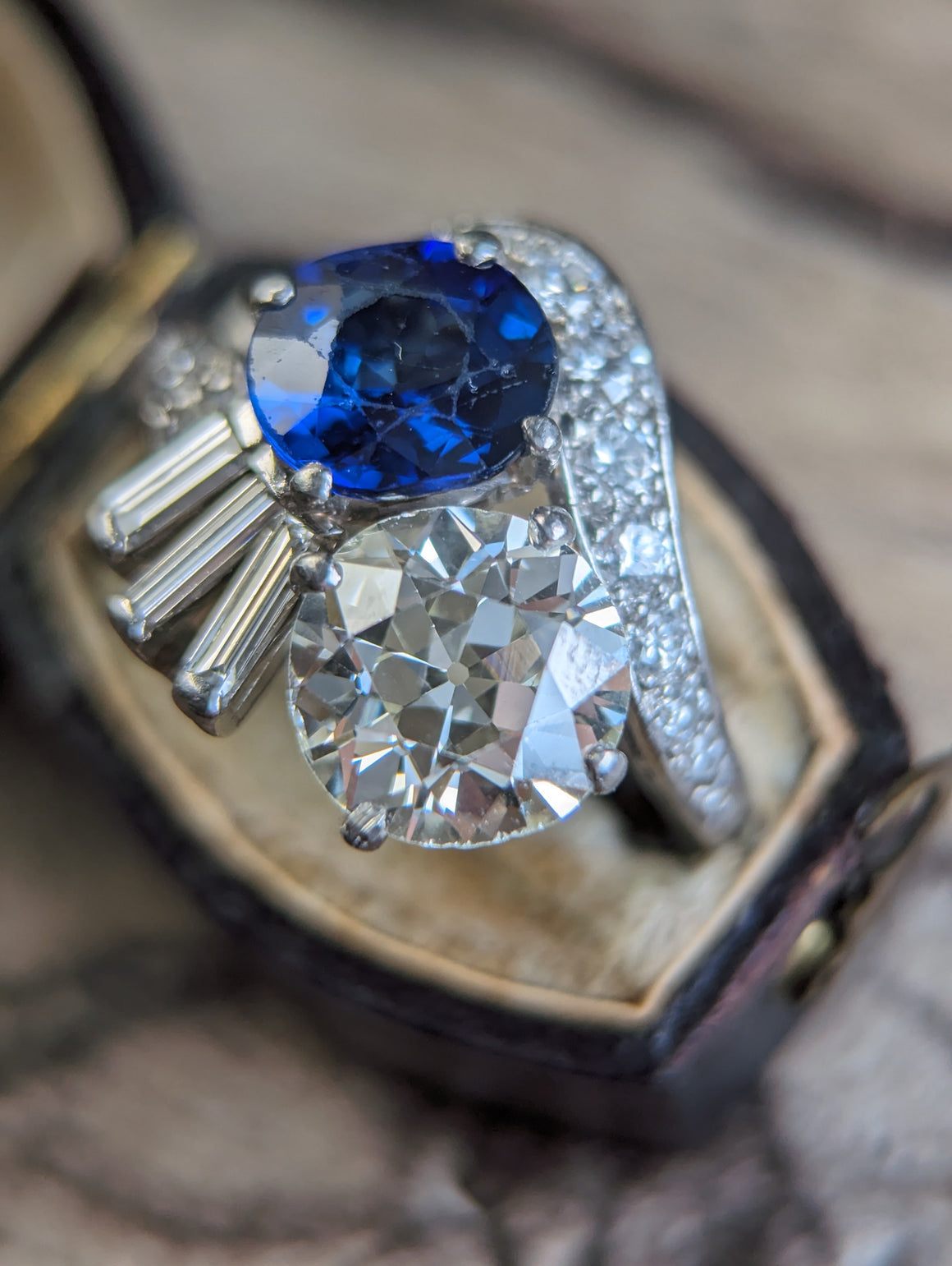 5.5ctw Vintage platinum natural Diamond and Sapphire toi et moi ring